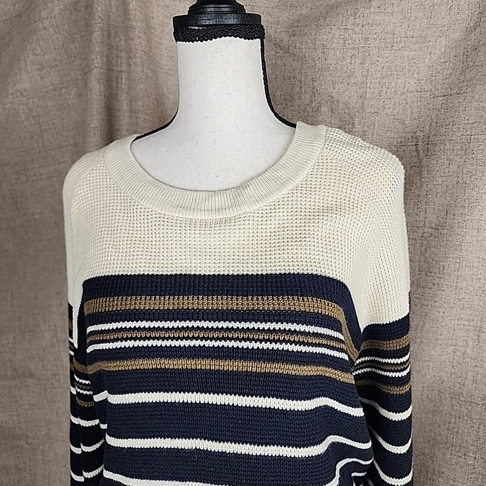 Faherty Womens Throwback Waffle Crewneck Pullover Sweater - Oakland Stripe XL - Picture 2 of 8